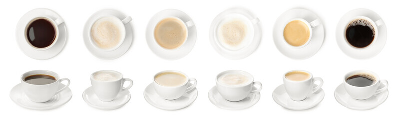 Cups of aromatic coffee isolated on white, top and side views