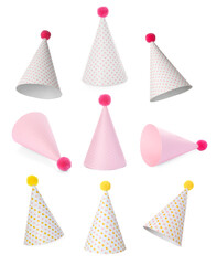 Colorful party hats isolated on white, set