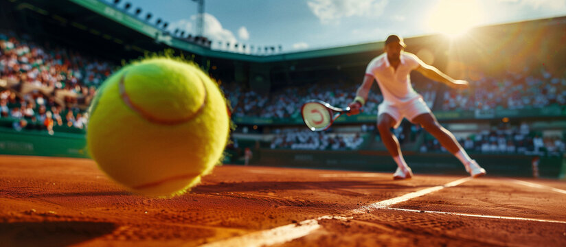 A tennis player in a dynamic serve on a clay court, showing intense focus and agility during a competitive match in a sunlit stadium.