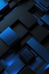 Generate a template with abstract black and blue geometric, incorporating overlapping elements, shadows, and lighting effects for a modern and tech-inspired background design