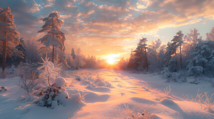 A serene snow-covered landscape illuminated by light, creating a tranquil and peaceful atmosphere.
