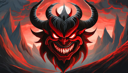 Devil with horns and evil, red and black, illustration.