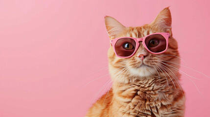 Adorable ginger cat wearing stylish pink sunglasses  against a soft pink background