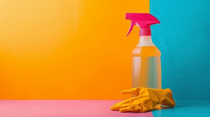 Vivid image of cleaning spray with rubber gloves ready for use.