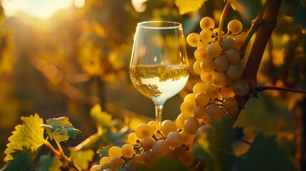 Warm evening light on a glass of white wine with ripe grapes. - obrazy, fototapety, plakaty