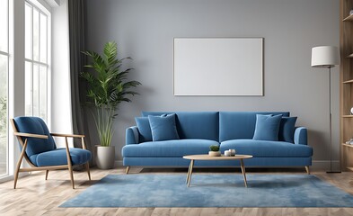 Mockup living room with blue sofa 3d illustration rendering
