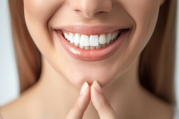 Obraz premium A woman with a white smile is shown with her teeth showing. Beautiful smile concept