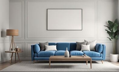 Mockup living room with blue sofa 3d illustration rendering
