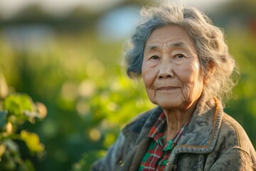 Woman farmer, female portrait. Backdrop with selective focus and copy space