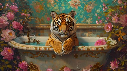 Tropical animal print flower palm tree background. Cute leopard in retro vintage jungle bathroom. Vibrant exotic floral pattern design modern trendy digital art illustration wallpaper. 3d modern art.