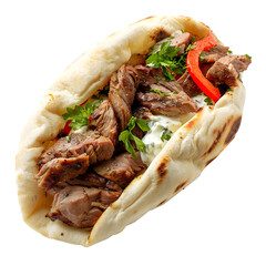 A Greek gyro pita, stuffed with grilled meat, tzatziki, and fresh veggies, transparent background, PNG Cutout