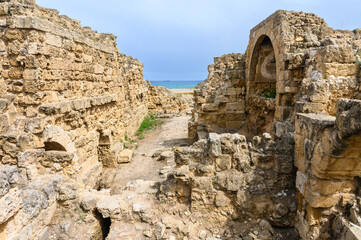 Panoramic view of the gymnasium at the ancient Roman city of Salamis near Famagusta, Northern Cyprus