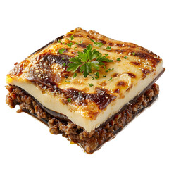  A Greek moussaka, with layers of eggplant and minced meat, topped with chamel sauce, transparent background, PNG Cutout