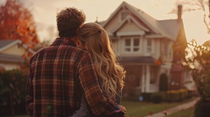 Fototapeta premium Couple embracing while looking at a cozy suburban home.