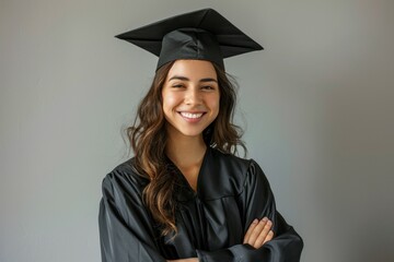 A woman in a black graduation gown is smiling and posing for a picture