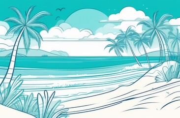 Fototapeta na wymiar Background with seascape: sandy beach, turquoise water and palm trees