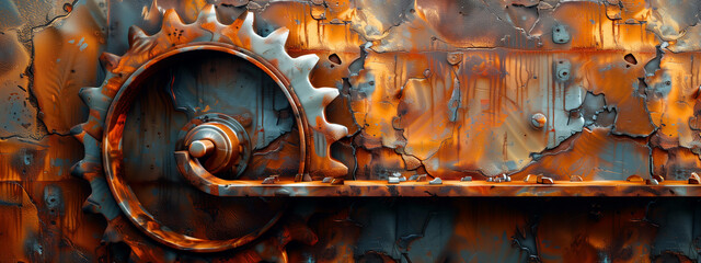 A surreal wall of rust, with a metal shelf and a big rusty cogwheel.