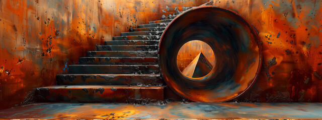 Step into a surreal absurd world to a rusty metal wall, where a mysterious hole reveals a rusty pyramid, and an impossible staircase takes you to new dimensions.