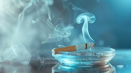 Smoldering cigarette on ashtray amidst soft blue hazy backdrop.