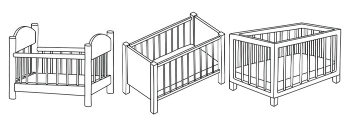 Outline cute hand drawn baby crib  isolated on white background.