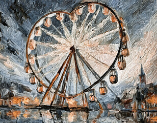Dreamlike watercolor illustration of vintage wooden Ferris wheel on river