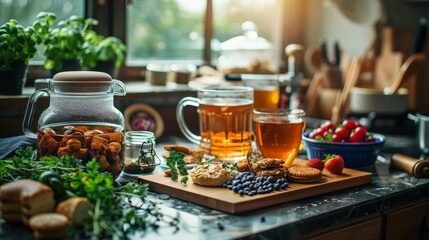 Fototapeta na wymiar Warm, inviting kitchen scene with cholesterol-lowering snacks and herbal teas