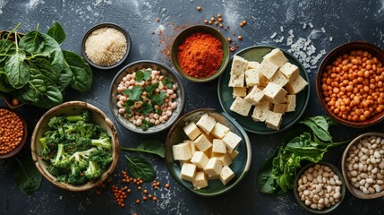 Table spread of cholesterol-friendly foods, including tofu, beans, and leafy greens