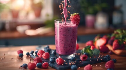 Athletic individual blending a smoothie with berries and soy protein, health-focused - obrazy, fototapety, plakaty