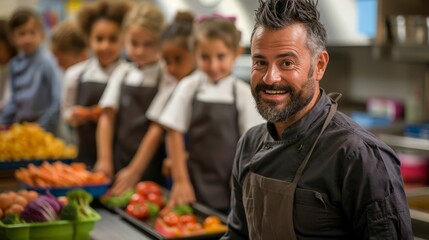 Chef teaches children about cholesterol-lowering snacks in a school setting - obrazy, fototapety, plakaty