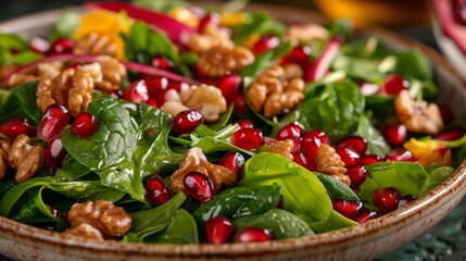Close-up of a colorful salad with spinach, walnuts, and pomegranate seeds - obrazy, fototapety, plakaty