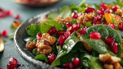 Close-up of a colorful salad with spinach, walnuts, and pomegranate seeds - obrazy, fototapety, plakaty