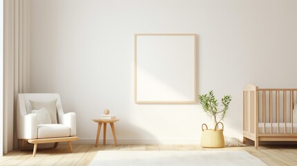 A minimalist nursery with white furniture and a small wooden easel with a childs drawing clipped to it soft natural light illuminating the clean calm space