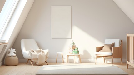 A minimalist nursery with white furniture and a small wooden easel with a childs drawing clipped to it soft natural light illuminating the clean calm space