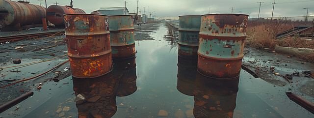 A haunting scene of rusted barrels immersed in murky water, evoking an atmosphere of abandonment and decay