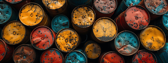 From above, witness the captivating sight of a scrap yard filled with rusty oil barrels, evoking a sense of industrial history and forgotten stories - obrazy, fototapety, plakaty