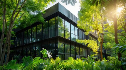 Modern green office building with lush trees and reflections.