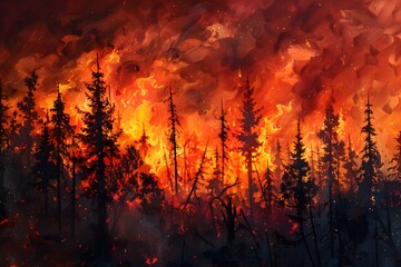  forest fire with trees on fire. The mood of the painting is intense and dramatic
