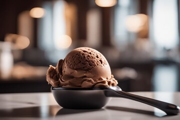 'chocolate ice cream scoop utensil still life dessert sweet food cold favor glac? delicious background' - obrazy, fototapety, plakaty