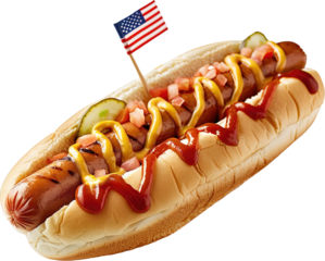 Hot dog with American toothpick flag over isolated transparent background