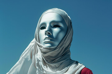 candid low angle wide shot of an elegant masked woman