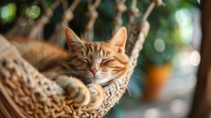 The cat lies on the hammock and sleeps comfortably. It's a sweet moment for a cat enjoying a happy nap in its favorite spot.
