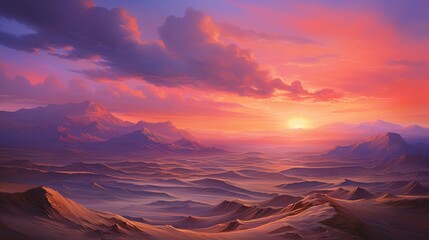 A dramatic desert landscape with towering sand dunes and a fiery sunset painting the sky in shades...