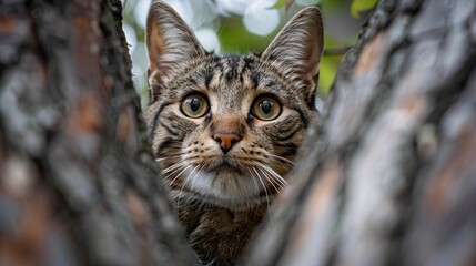 A playful and mischievous cat with an inquisitive expression. up the tree Charming and lively images It captures the playful spirit of a cat as it explores its environment.