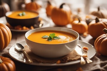 'pumpkin soup cream mashed vegetable carrot vitamin meal food dish eating portion diet vegetarian organic healthy orange cooking cooked cookery bowl spoon parsley lunch dinner seasoning herb rustic'