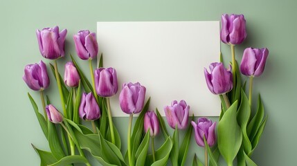 A stunning display of purple tulips adorning a blank sheet of paper set against a soft light green backdrop evokes thoughts of Valentine s Day Mother s Day and International Women s Day Thi