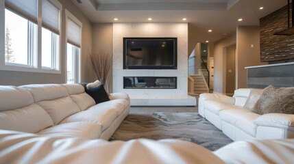 Plush white sofas face the sleek fireplace in the entertainment room providing a comfortable spot to snuggle up and watch movies. 2d flat cartoon.