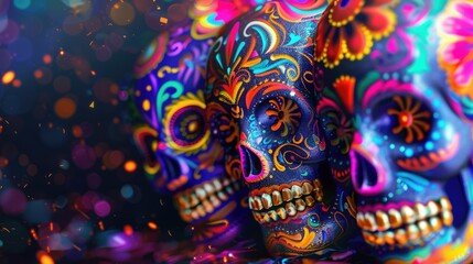 Mexican Day of the Dead painted skulls. Dia de los Muertos concept. AI Generated 
