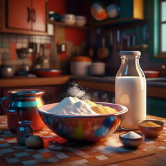 A cozy 70's style kitchen. vibrant painted still life  with flour and milk in the kitchen