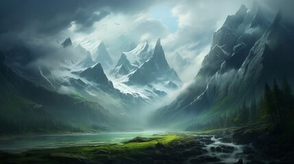A majestic mountain peak shrouded in mist, its rugged slopes stretching into the distance beneath a...