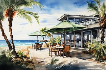 Fototapeta premium A watercolor painting of a beach restaurant with green umbrellas and palm trees.